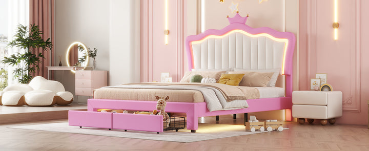 full-size-upholstered-princess-bed-frame-with-led-lights-crown-headboard-and-2-drawers-pink-white