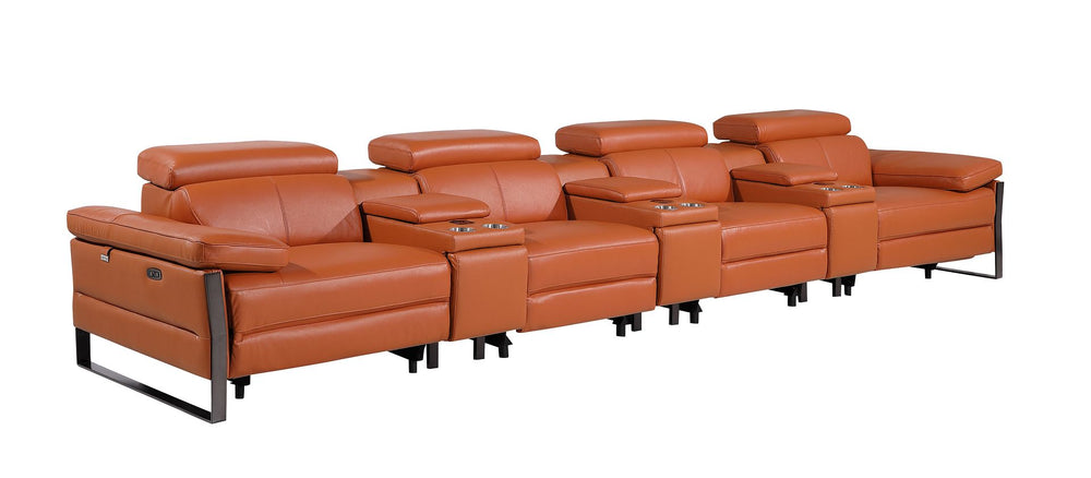 DivanItalia 1246 Modular Power Triple Reclining Triple Console Sofa with Power Reclining Headrests – Top Grain Italian Leather - Camel
