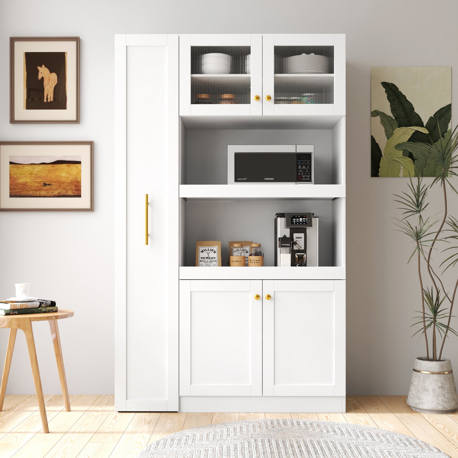 Kitchen Pantry Cabinet with Multi-Functional Pull-Out Multi-Tier Storage Shelf