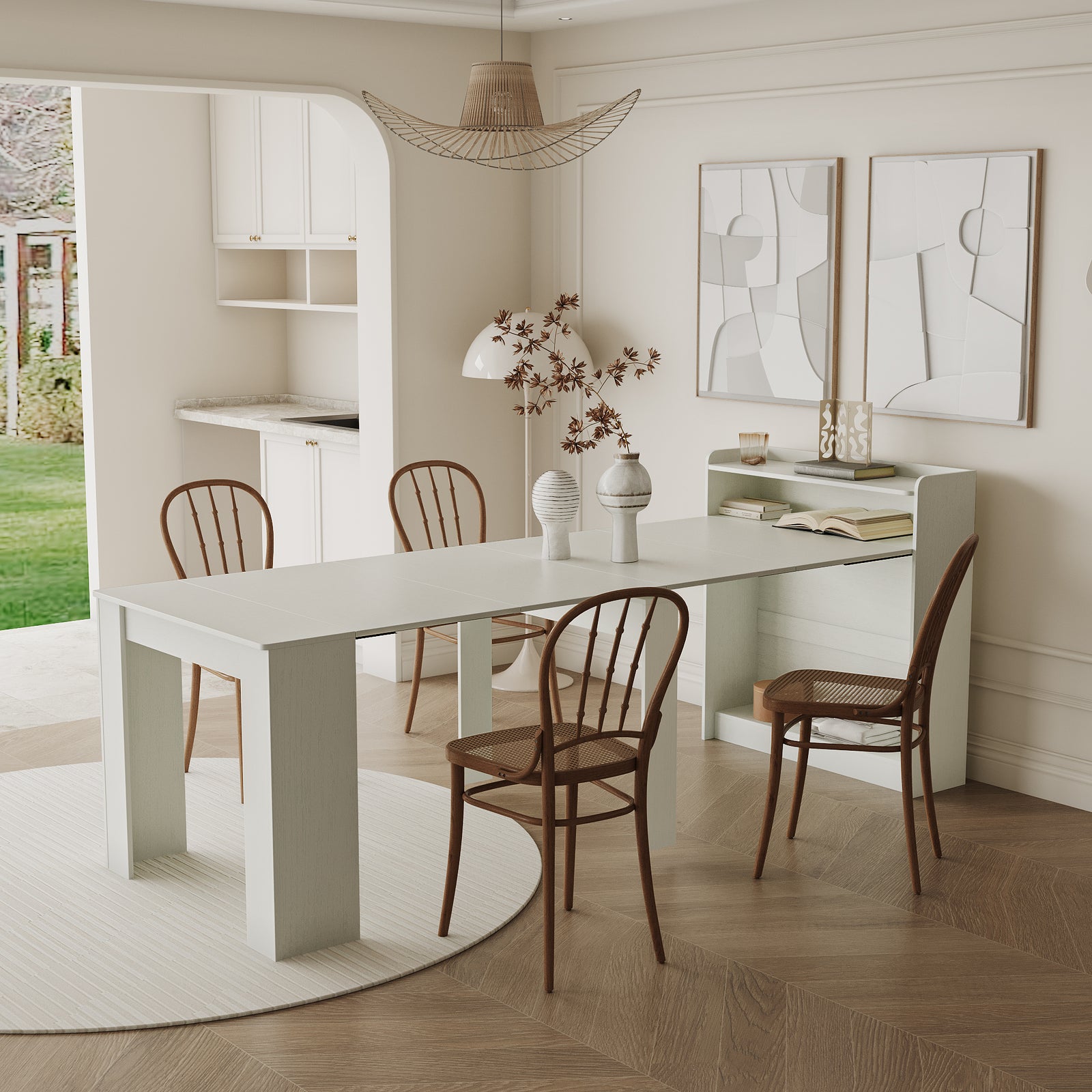 Modern dining area with a white table and wooden chairs in a bright room.