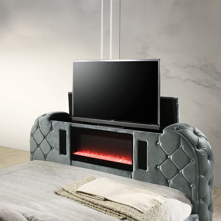 Kana - Queen Bed With LED, Fireplace & TV Stand - Gray Upholstery Velvet