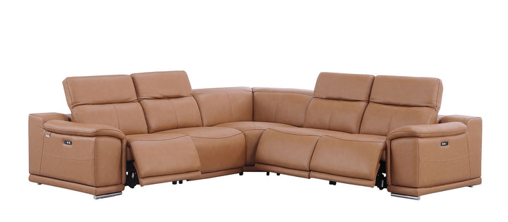 DivanItalia 9762 5-Piece L Shaped Top Grain Italian Leather Sectional Sofa with 3 Power Recliners - Cognac