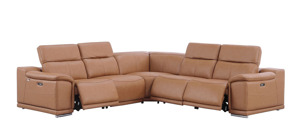 DivanItalia 9762 5-Piece L Shaped Top Grain Italian Leather Sectional Sofa with 3 Power Recliners - Cognac