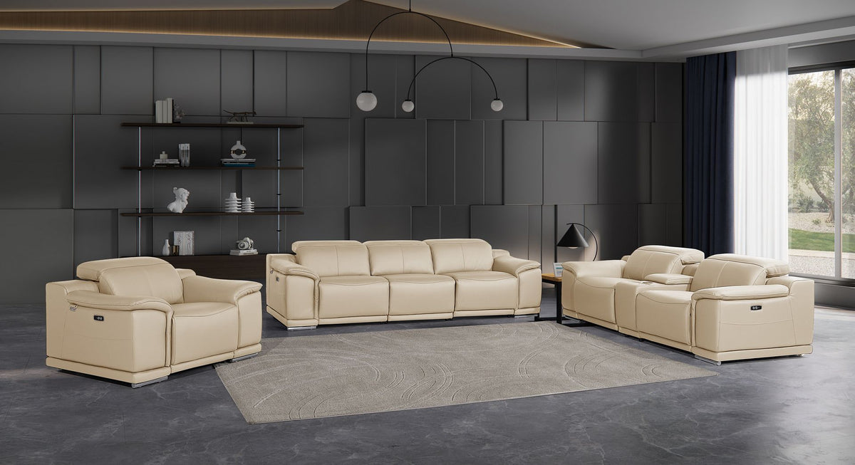 DivanItalia 9762 7-Piece Modular Power Reclining Sofa, Loveseat and Chair Set with 6 Power Recliners in Top Grain Italian Leather - Beige