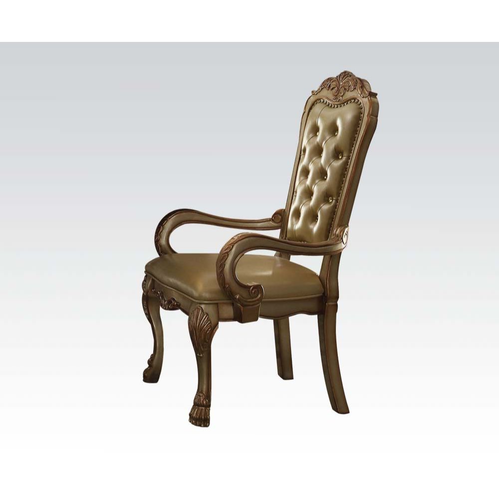 Dresden Arm Chair (Set-2) in Bone Synthetic Leather & Gold Patina Finish