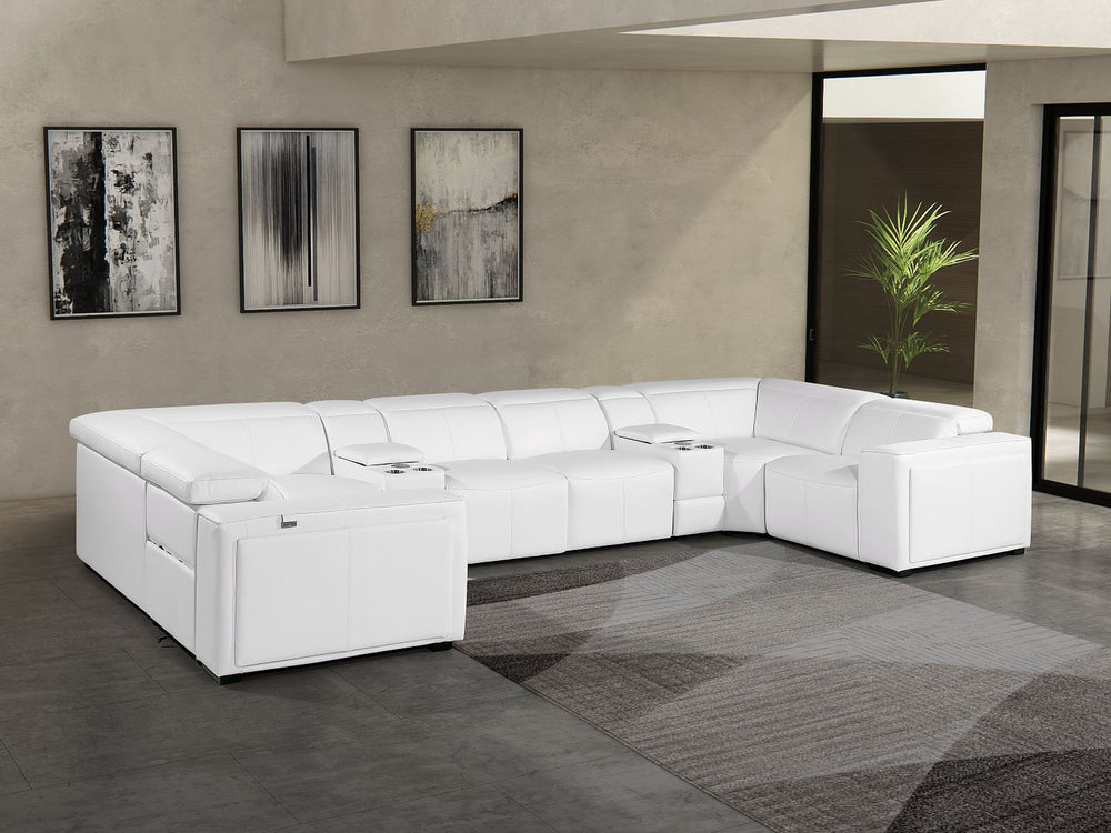 DivanItalia 1224 8-Piece U-Shaped Sectional Sofa in Top Grain Italian Leather with 4 Power Recliners & Power Headrests – No Console - White