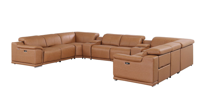 DivanItalia 9762 10-Piece U Shaped Top Grain Italian Leather Sectional Sofa with 4 Power Recliners - Cognac
