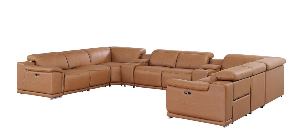 DivanItalia 9762 10-Piece U Shaped Top Grain Italian Leather Sectional Sofa with 4 Power Recliners - Cognac