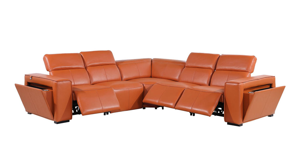 DivanItalia 1224 5-Piece L-Shaped Sectional Sofa in Top Grain Italian Leather with 3 Power Recliners & Power Headrests - Camel