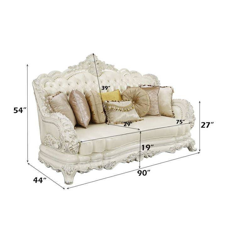 Adara - Sofa With 7 Pillows - Pearl White Synthetic Leather & Antique White