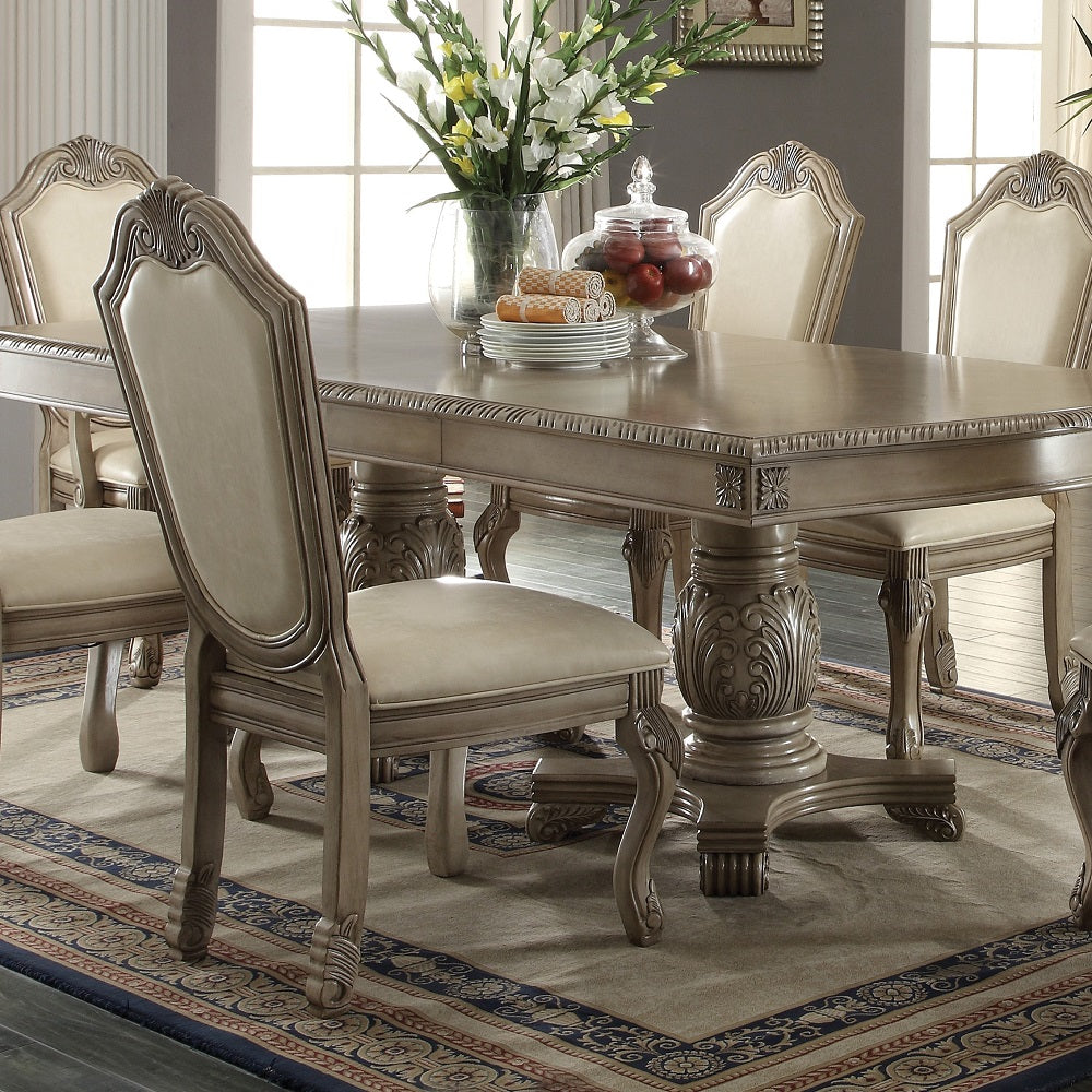 Chateau de Ville Side Chair (Set-2) in Synthetic Leather & Antique White Finish