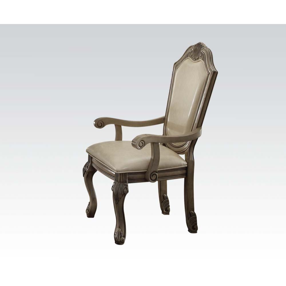 Chateau De Ville Arm Chair (Set-2) in Synthetic Leather & Antique White Finish