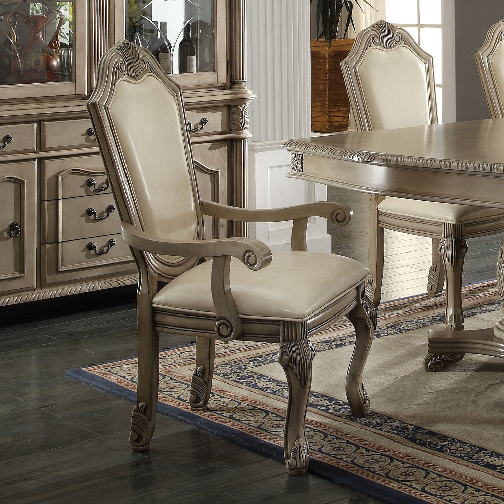 Chateau De Ville Arm Chair (Set-2) in Synthetic Leather & Antique White Finish