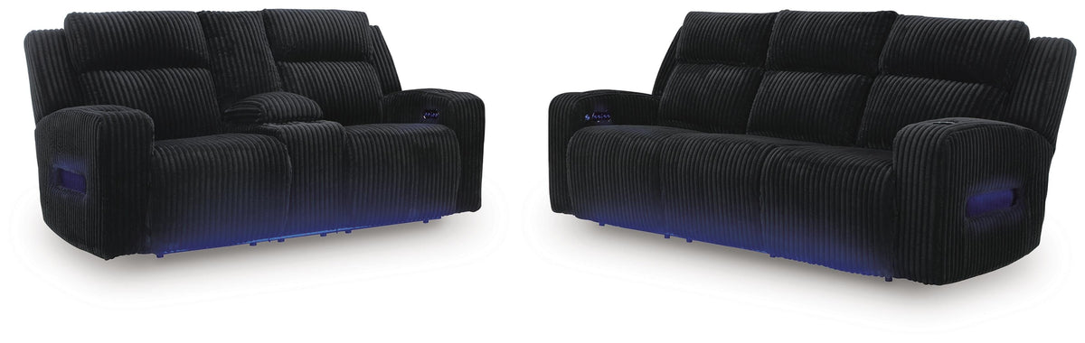 Belvarrow Power Reclining Sofa and Loveseat - Black (1)