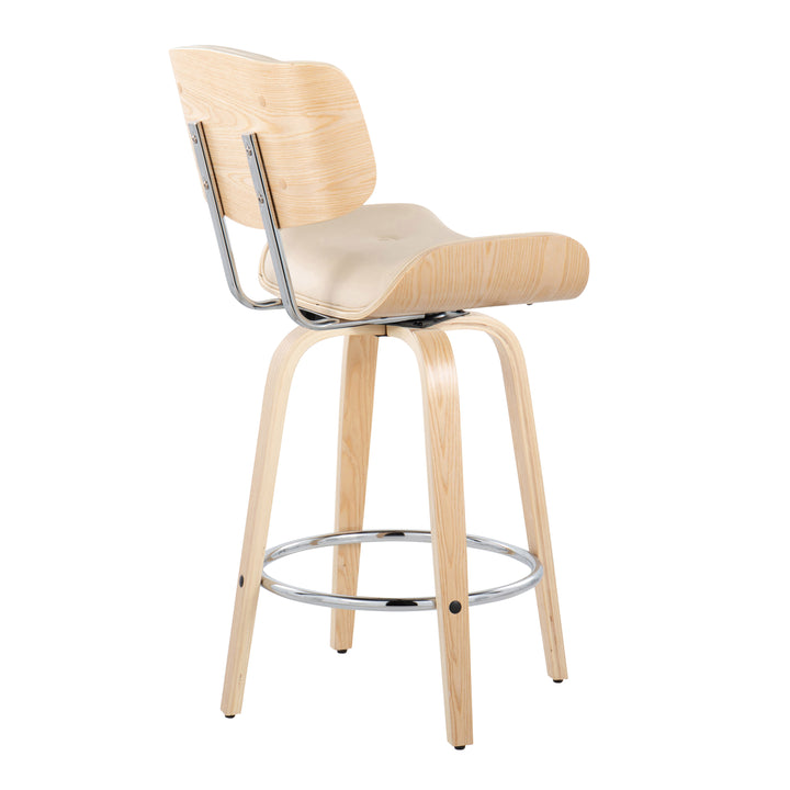 Lombardi 26-Inch Mid-Century Modern Swivel Counter Stools in Natural Wood &amp; Cream Faux Leather 