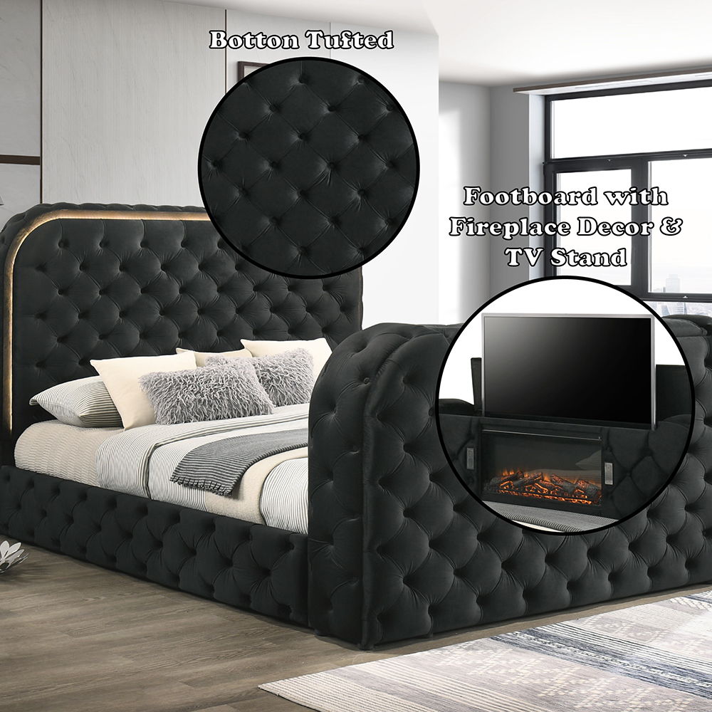 Kana - Eastern King Bed With LED, Fireplace & TV Stand - Black Upholstery Velvet