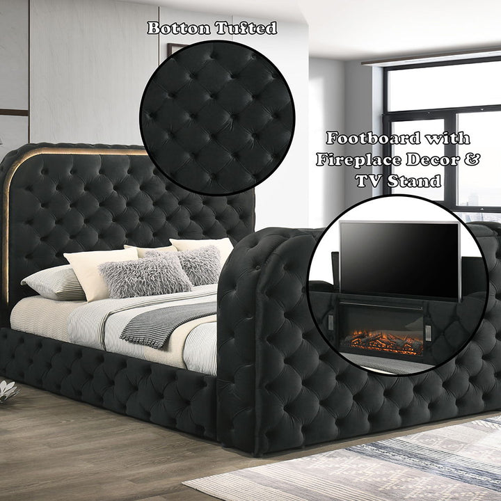 Kana - Eastern King Bed With LED, Fireplace & TV Stand - Black Upholstery Velvet