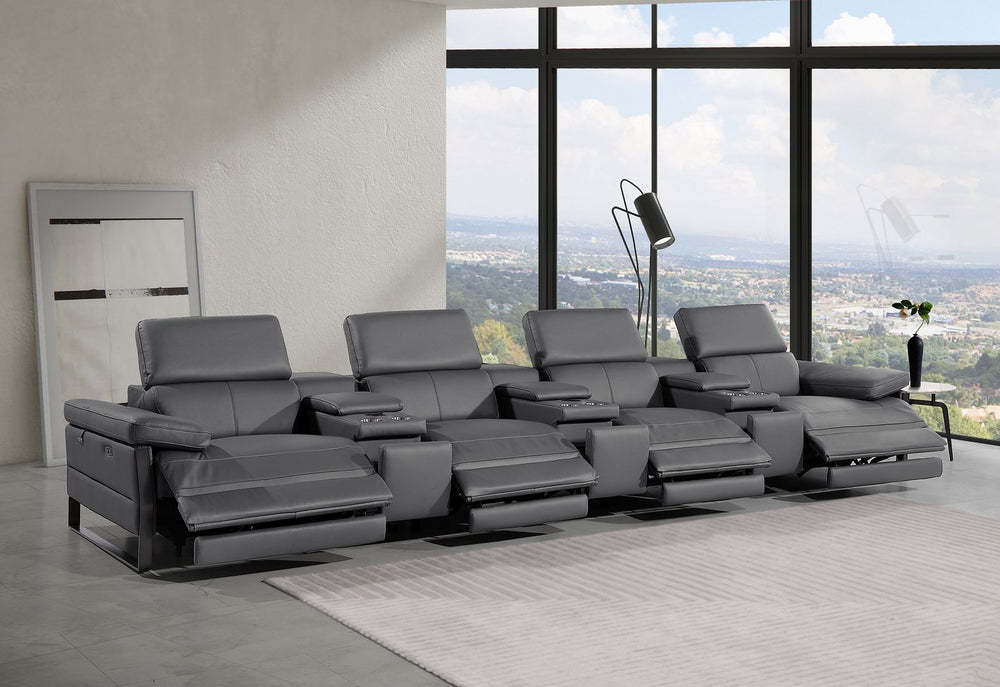 DivanItalia 1246 Modular Power Triple Reclining Triple Console Sofa with Power Reclining Headrests – Top Grain Italian Leather - Dark Gray