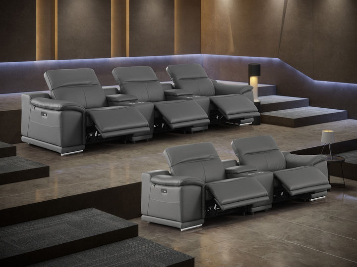 DivanItalia 9762 8-Piece Modular Power Reclining Sofa and Console Loveseat Set with Top Grain Italian Leather - Dark Gray