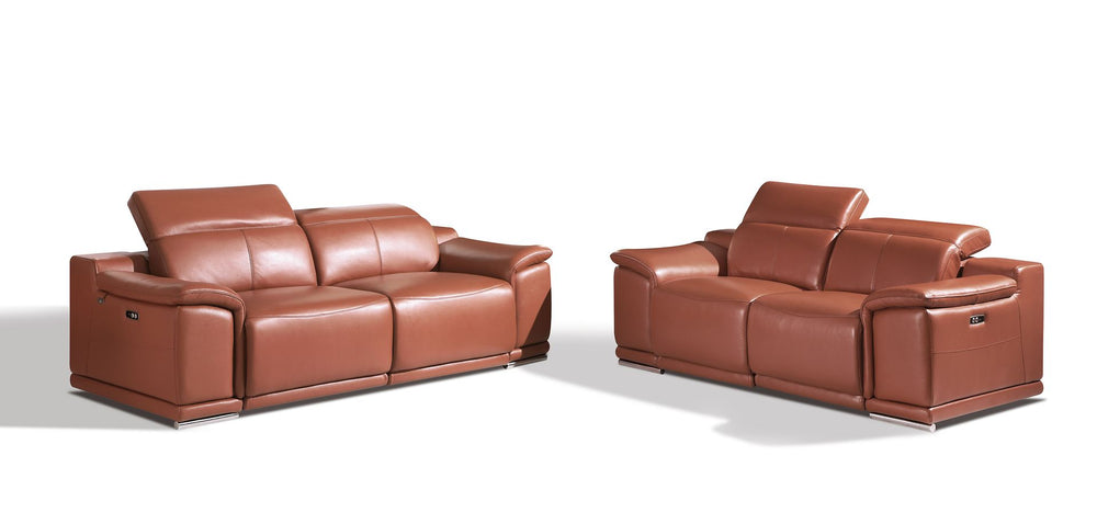 DivanItalia 9762 Top Grain Italian Leather Power Reclining Sofa and Loveseat Set with Adjustable Headrests - Camel