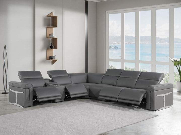 DivanItalia 1126 7-Piece L-Shaped Sectional Sofa in Top Grain Italian Leather with 4 Power Recliners &amp; Power Headrests - Dark Gray
