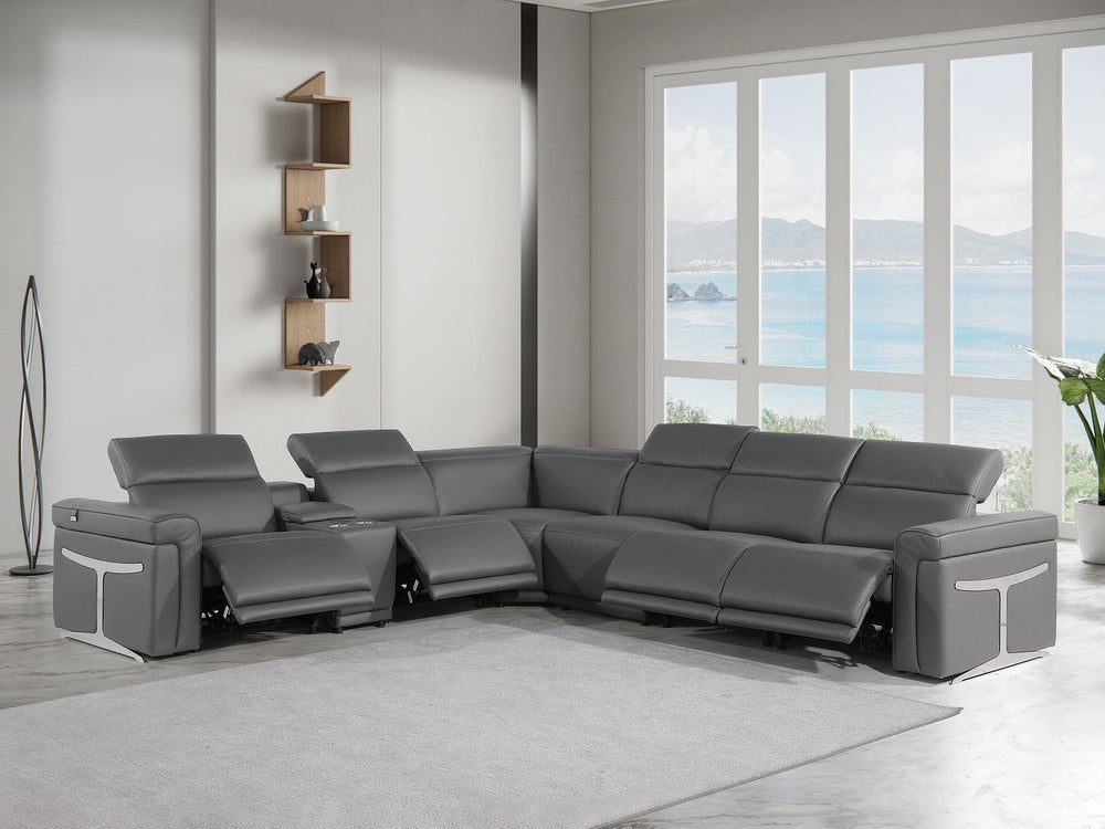 DivanItalia 1126 7-Piece L-Shaped Sectional Sofa in Top Grain Italian Leather with 4 Power Recliners & Power Headrests - Dark Gray