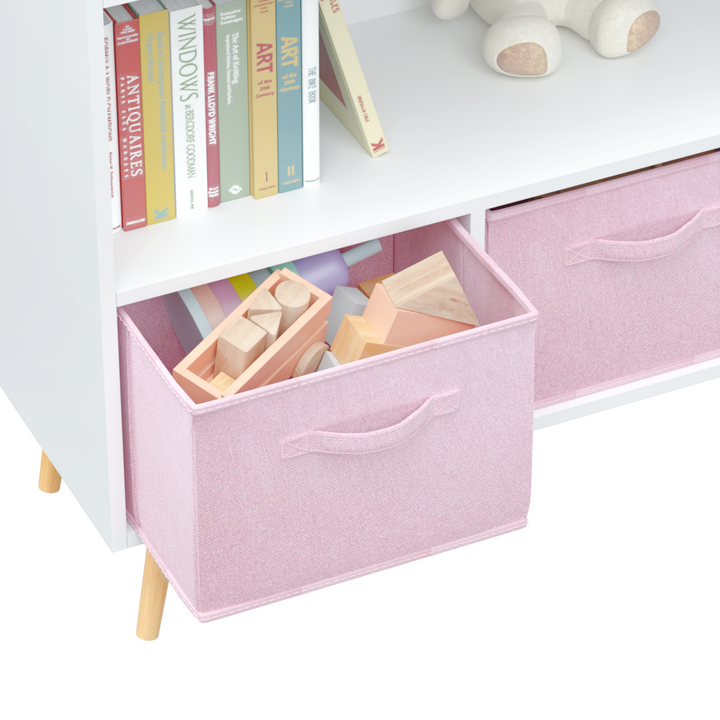 modern-kids-bookcase-with-collapsible-fabric-drawers-childrens-book-display-toy-storage-white-pink-mdf-pine-legs
