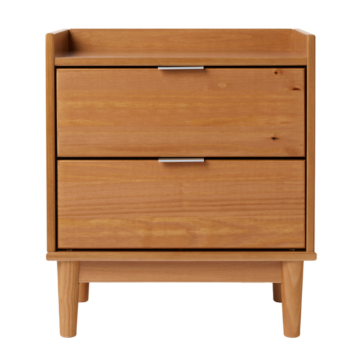 Mid-Century Modern 2-Drawer Solid Wood Nightstand in Caramel Finish with Pine Construction