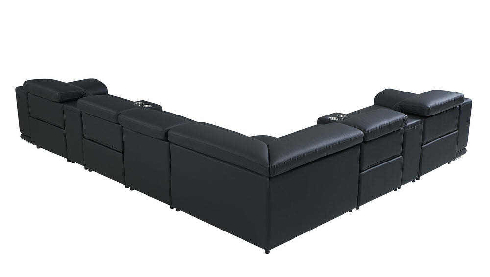 DivanItalia 9762 8-Piece L Shaped Top Grain Italian Leather Sectional Sofa with 4 Power Recliners - Black