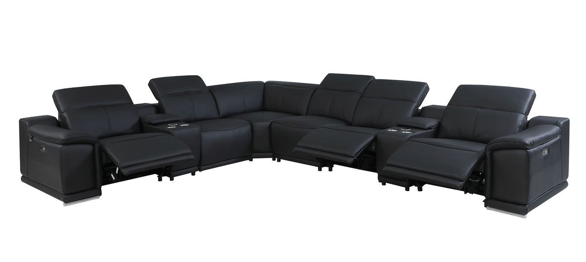 DivanItalia 9762 8-Piece L Shaped Top Grain Italian Leather Sectional Sofa with 3 Power Recliners - Black