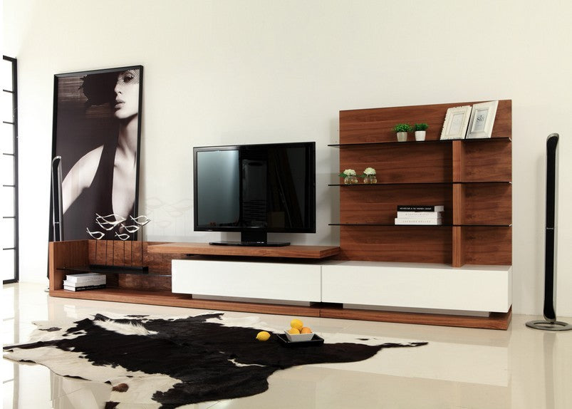 Jefferson Mid-Century Walnut and White High Gloss Entertainment Center