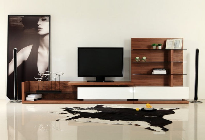 Jefferson Mid-Century Walnut and White High Gloss Entertainment Center