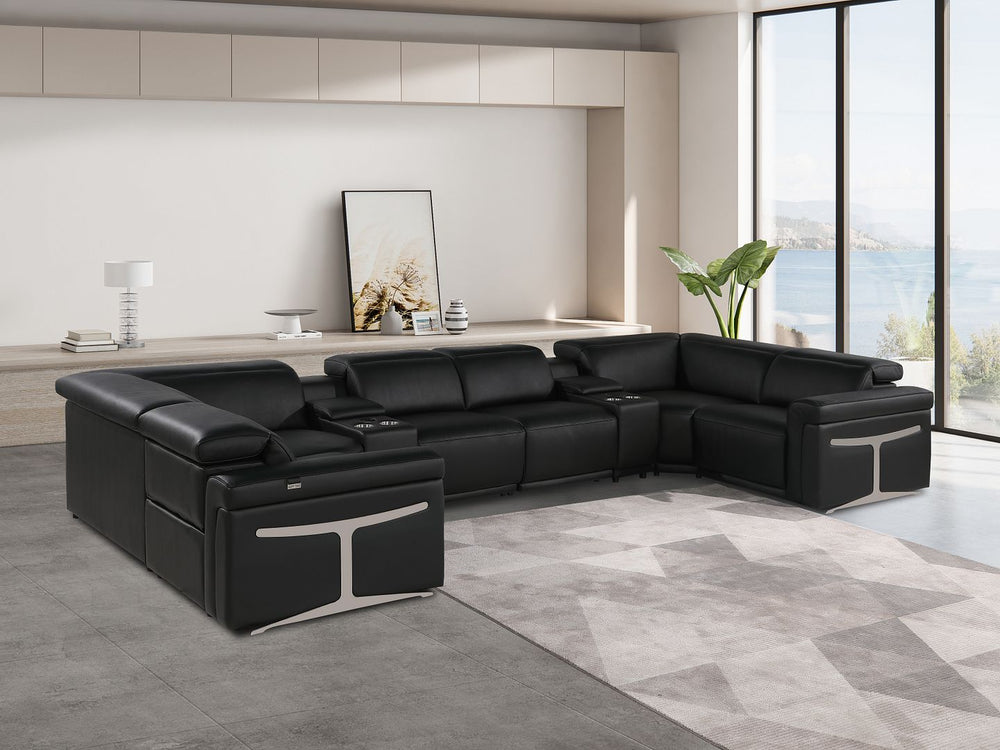DivanItalia 1126 8-Piece U-Shaped Sectional Sofa in Top Grain Italian Leather with 4 Power Recliners & Power Headrests – with Console - Black