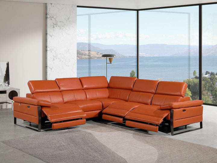 DivanItalia 1246 5-Piece L-Shaped Modular Power Reclining Sectional with Power Headrests – Top Grain Italian Leather - Camel