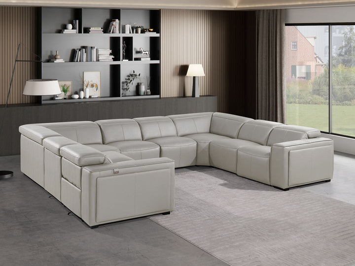 DivanItalia 1224 8-Piece U-Shaped Sectional Sofa in Top Grain Italian Leather with 4 Power Recliners &amp; Power Headrests – No Console - Light Gray