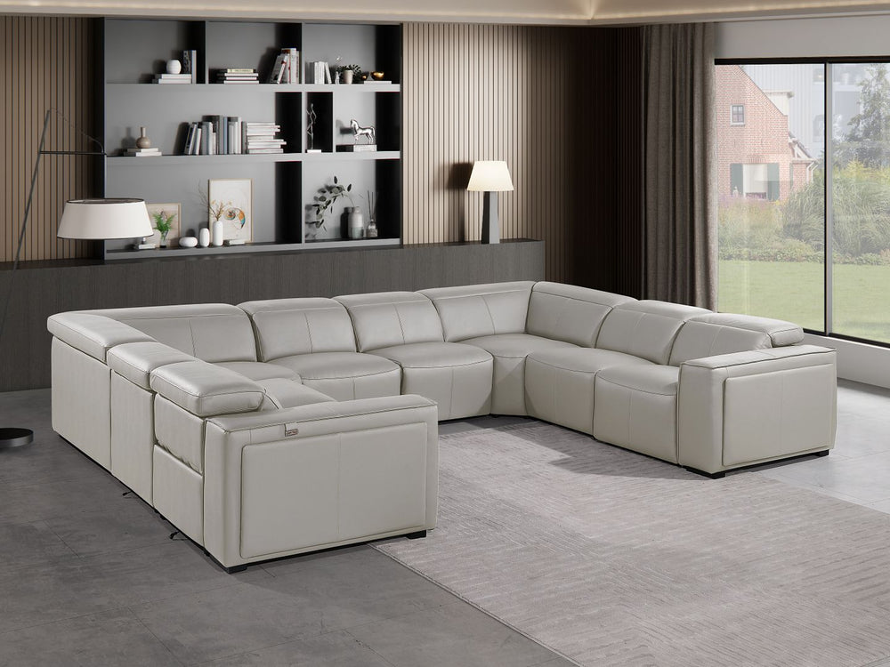 DivanItalia 1224 8-Piece U-Shaped Sectional Sofa in Top Grain Italian Leather with 4 Power Recliners & Power Headrests – No Console - Light Gray