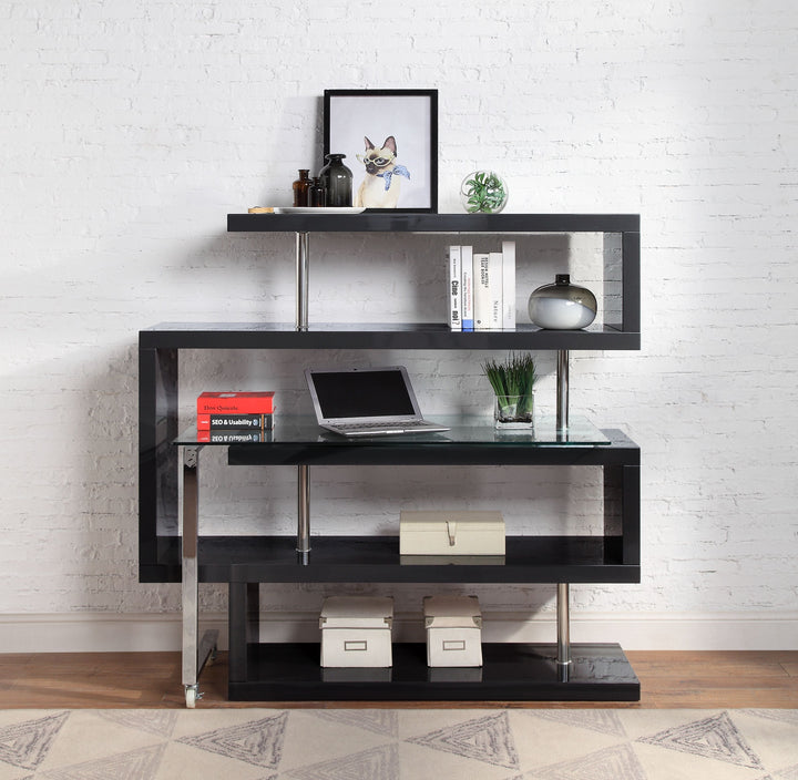 Buck II - Writing Desk With Bookshelf - Clear Glass, Chrome & Black High Gloss