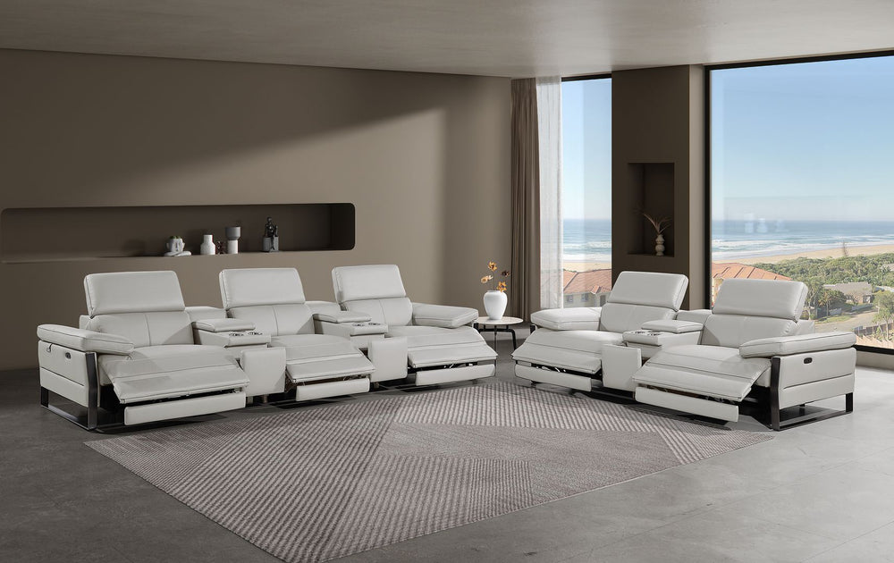DivanItalia 1246 Modular Power Reclining Dual Console Sofa and Console Loveseat Set with Power Headrests – Top Grain Italian Leather - Light Gray