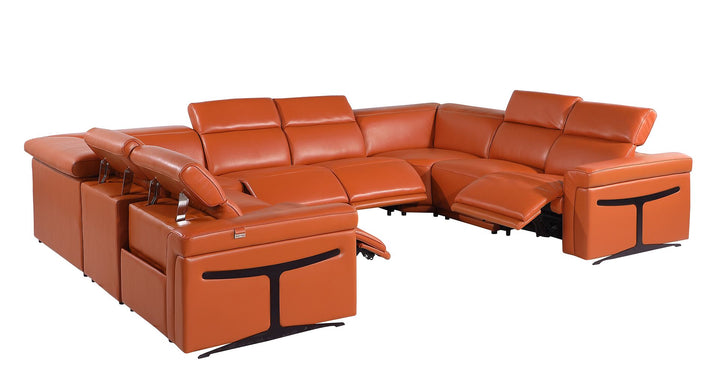 DivanItalia 1126 8-Piece U-Shaped Sectional Sofa in Top Grain Italian Leather with 4 Power Recliners &amp; Power Headrests – No Console - Camel