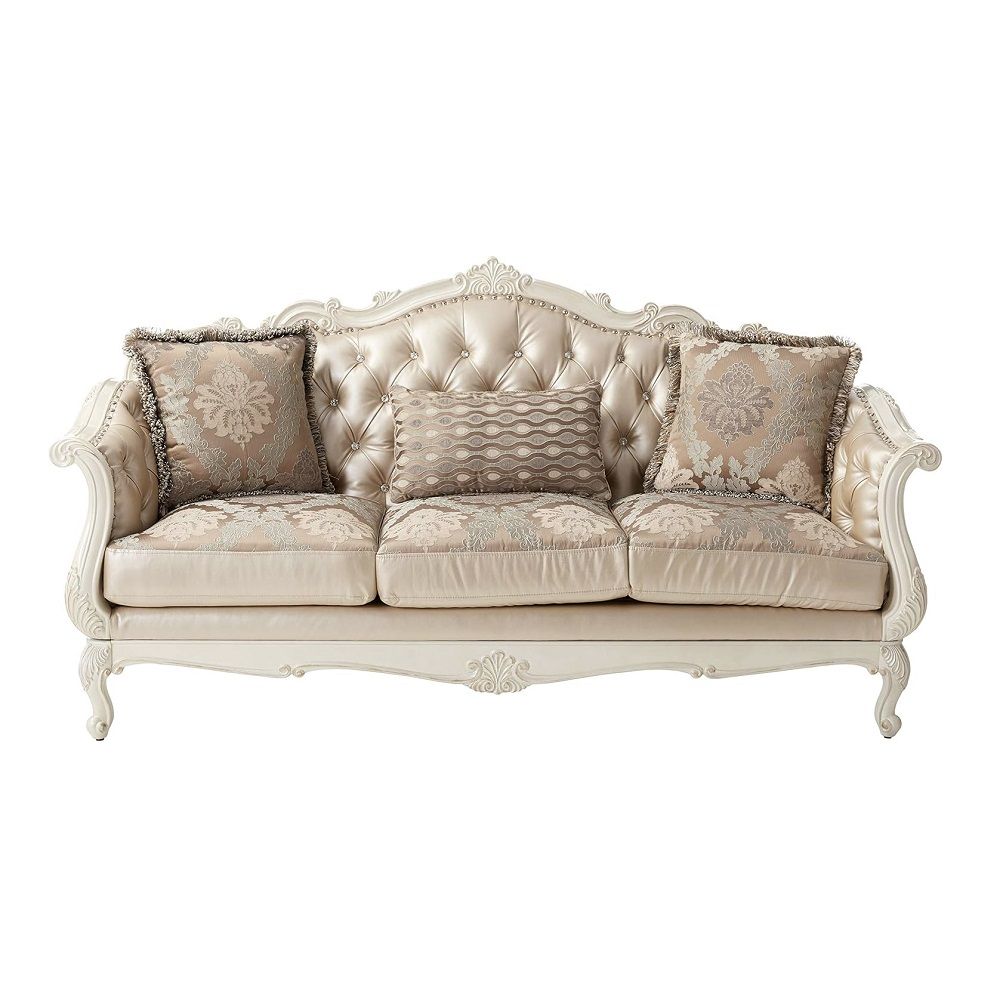 Chantelle - Sofa With 3 Pillows - Rose Gold Synthetic Leather /Fabric & Pearl White