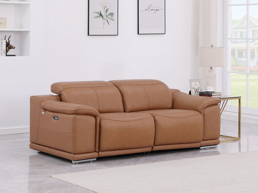 DivanItalia 9762 2-Piece Modular Power Reclining Console with 2 Power Recliners in Top Grain Italian Leather - Cognac