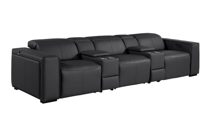DivanItalia 1224 5-Piece Modular Power Reclining Sofa in Top Grain Italian Leather with 3 Power Recliners &amp; Power Headrests - Black