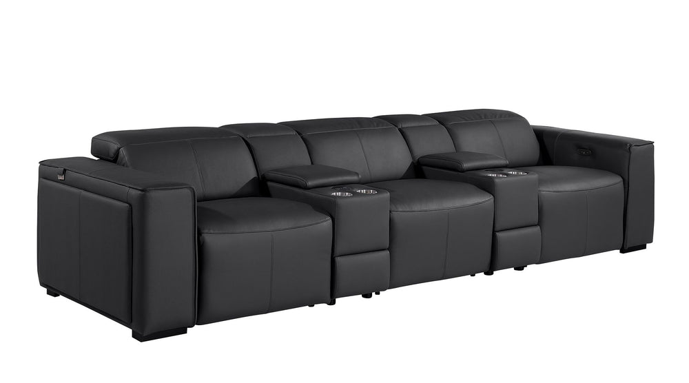 DivanItalia 1224 5-Piece Modular Power Reclining Sofa in Top Grain Italian Leather with 3 Power Recliners & Power Headrests - Black