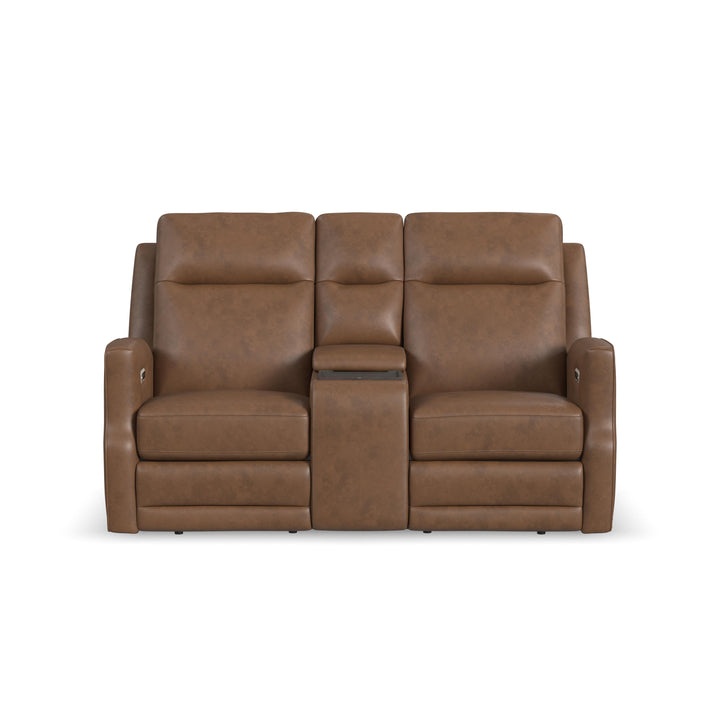 Maxwell Leather Power Reclining Loveseat with Console, Power Headrests and Lumbar in Cedar