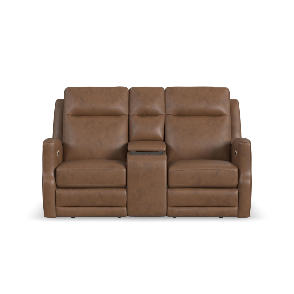 Maxwell Leather Power Reclining Loveseat with Console, Power Headrests and Lumbar in Cedar