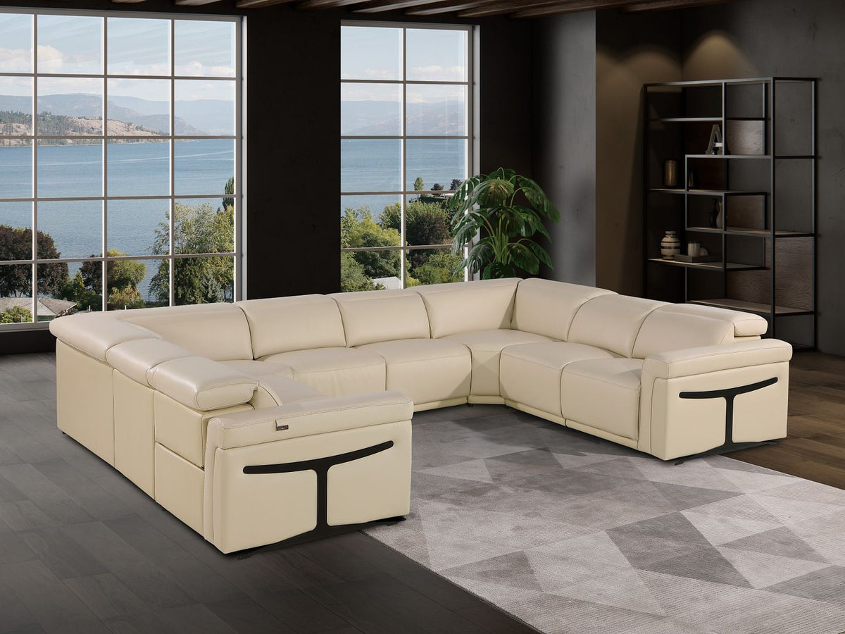 DivanItalia 1126 8-Piece U-Shaped Sectional Sofa in Top Grain Italian Leather with 4 Power Recliners & Power Headrests – No Console - Beige