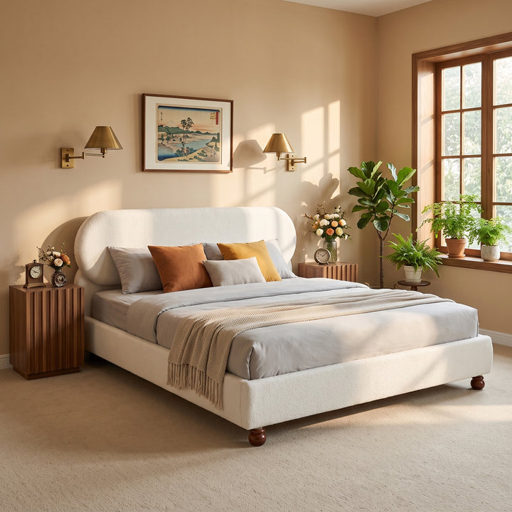 Boucle Queen Bed with Rubberwood Feet – Cream