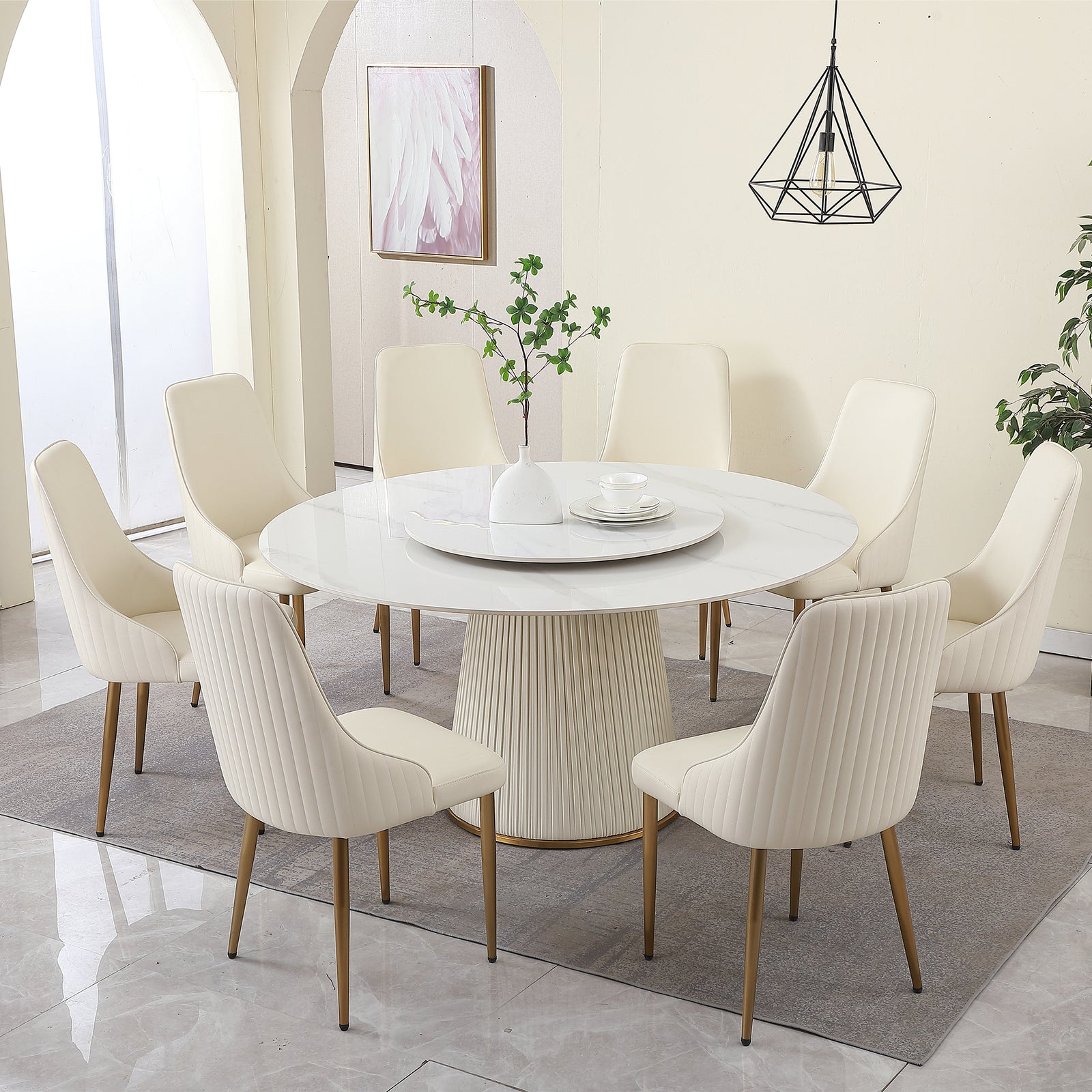 9-Piece 59″ Sintered Stone Round Dining Table with Lazy Susan & Metal Pedestal Dining Set