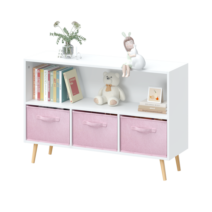 modern-kids-bookcase-with-collapsible-fabric-drawers-childrens-book-display-toy-storage-white-pink-mdf-pine-legs