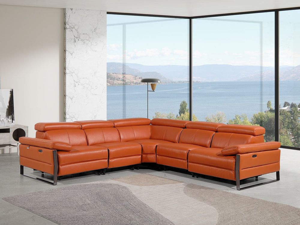 DivanItalia 1246 5-Piece L-Shaped Modular Power Reclining Sectional with Power Headrests – Top Grain Italian Leather - Camel